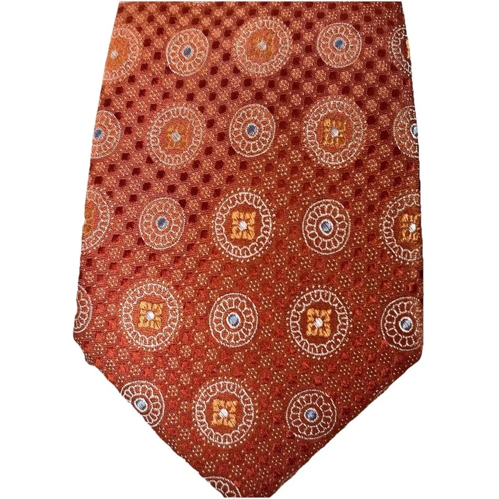 Broletto Mens 100% Silk Necktie Orange/White/Blue Geometric Circle Formal EUC